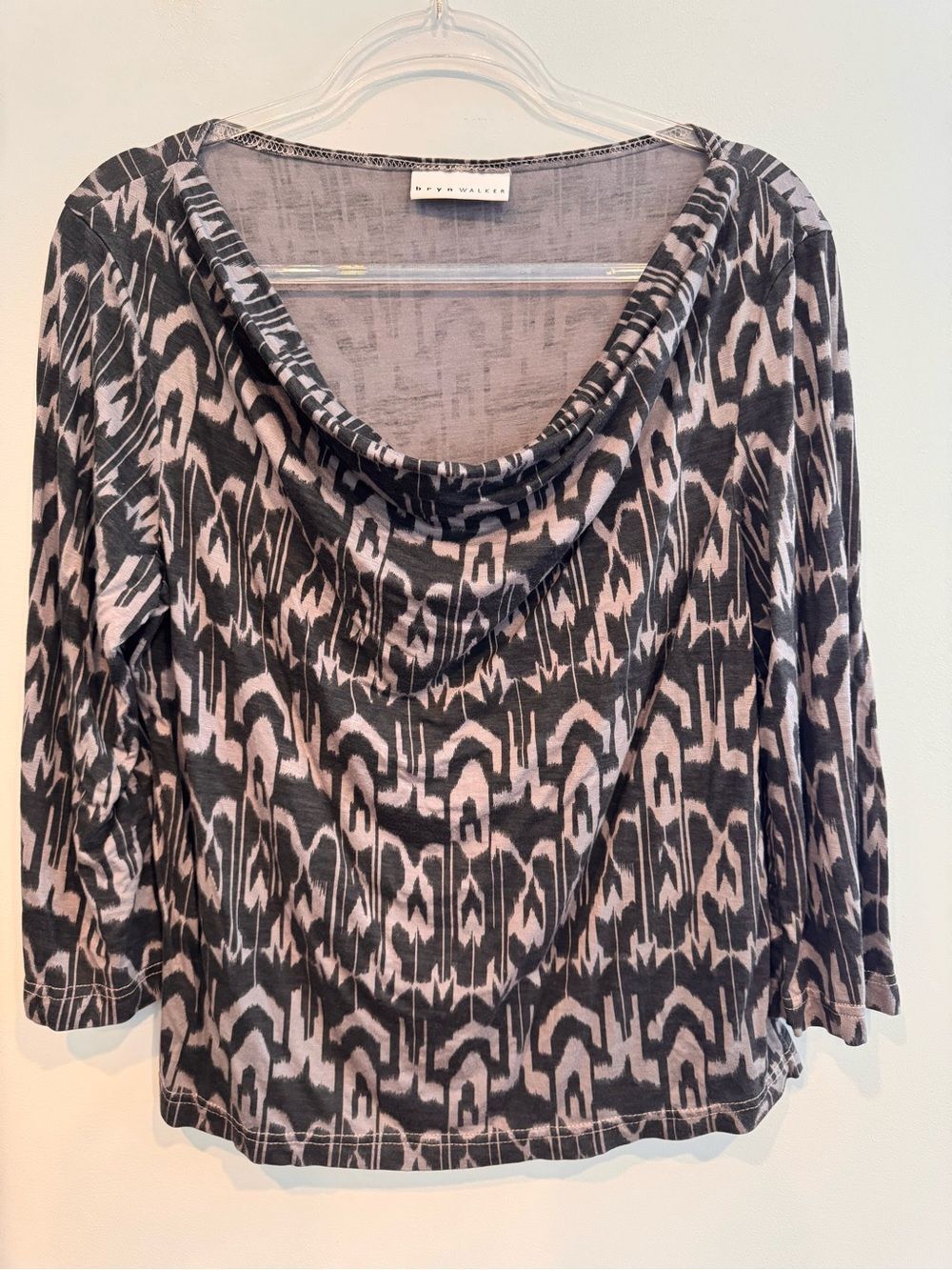 Bryn Walker Gray & Black Ikat Print Cowl Neck Draped Knit Top - Size Large